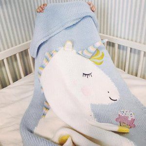Blue Unicorn Knit Crib Children Throw Wrap Blanket